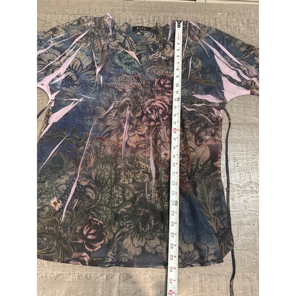B.L.E.U. Womens L Y2K Sheer Boho Floral Paisley Rhinestone‎ Tunic Top - Picture 6 of 6